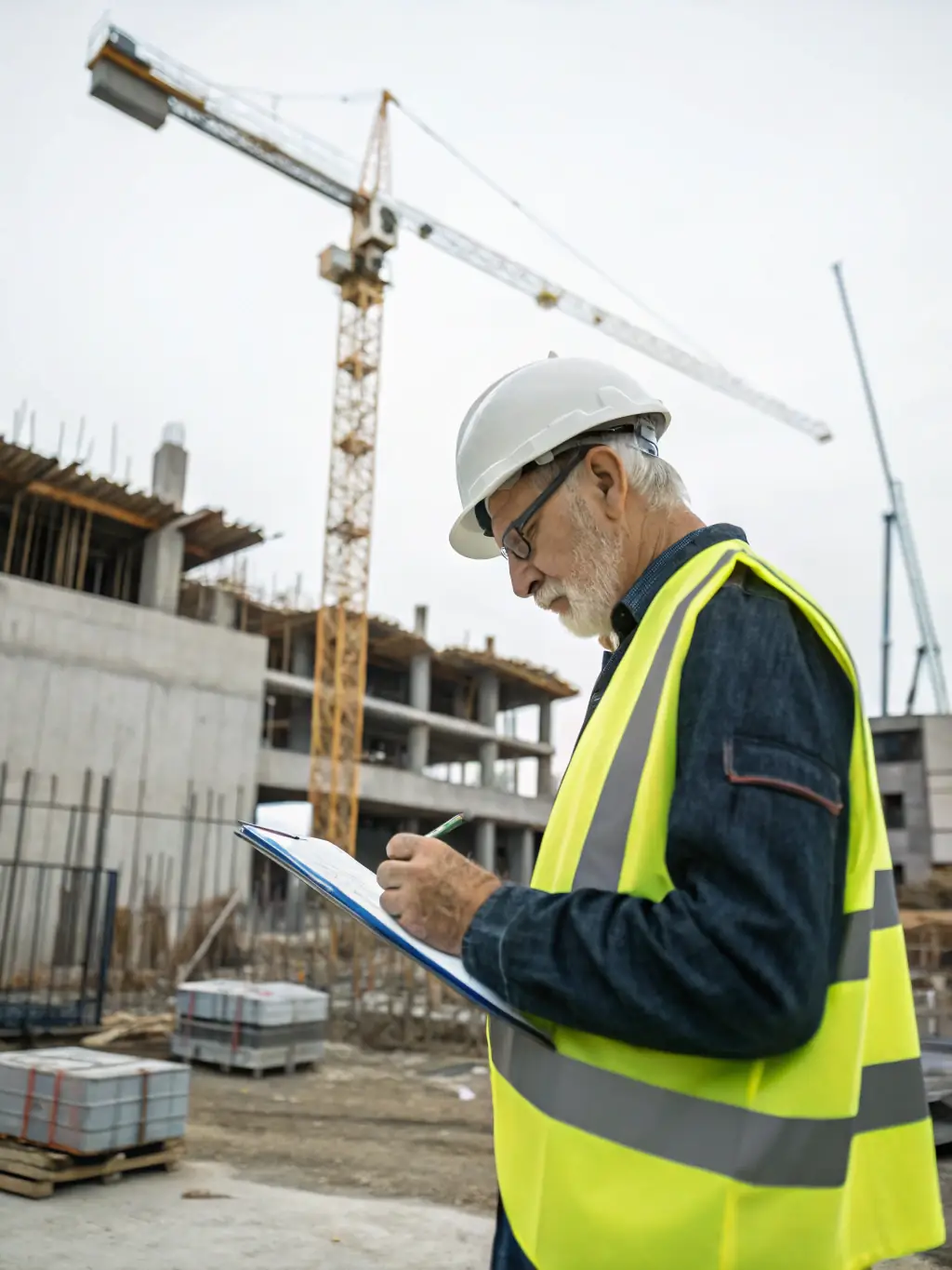 A construction safety inspector conducting a site inspection, ensuring compliance with safety regulations and quality standards.