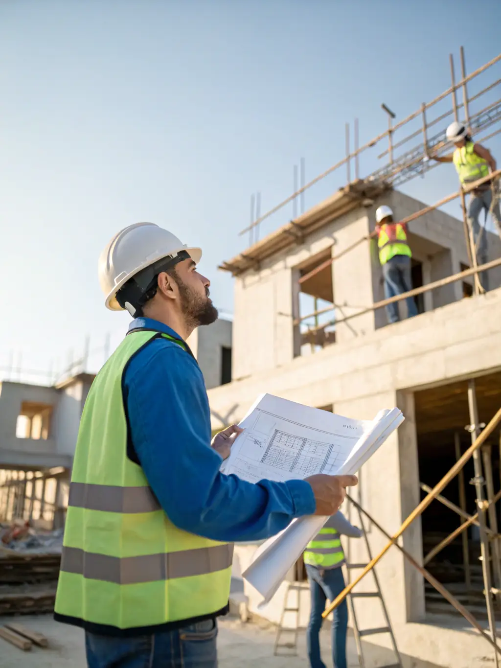 A construction project manager in a hard hat reviewing blueprints on a job site, ensuring adherence to project timelines and specifications.