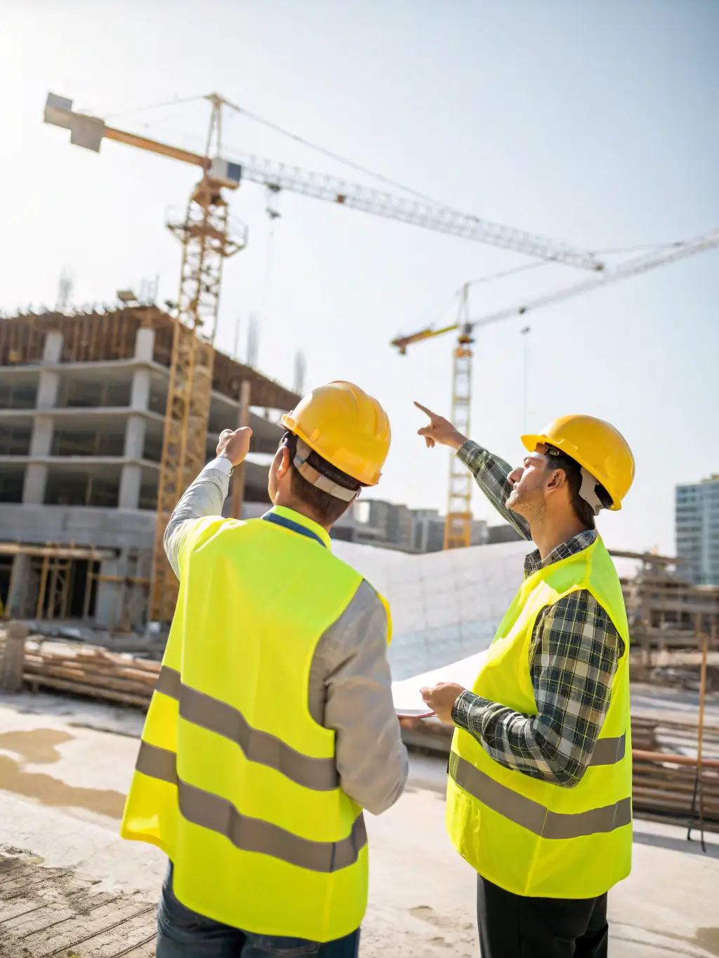 A construction site with project managers reviewing architectural blueprints, hard hats visible, showcasing meticulous planning.