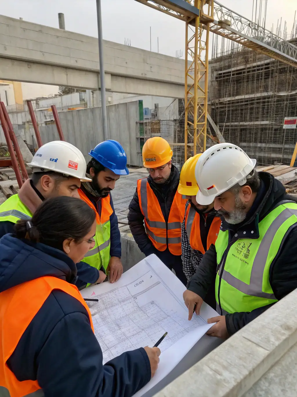 A diverse team of construction professionals collaborating on a project, showcasing teamwork and expertise in project management.