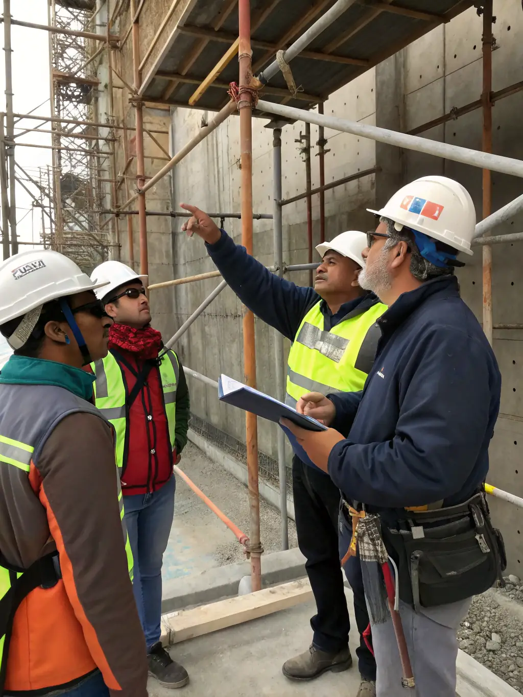 A project manager overseeing construction workers on a commercial building site, emphasizing safety and efficiency.