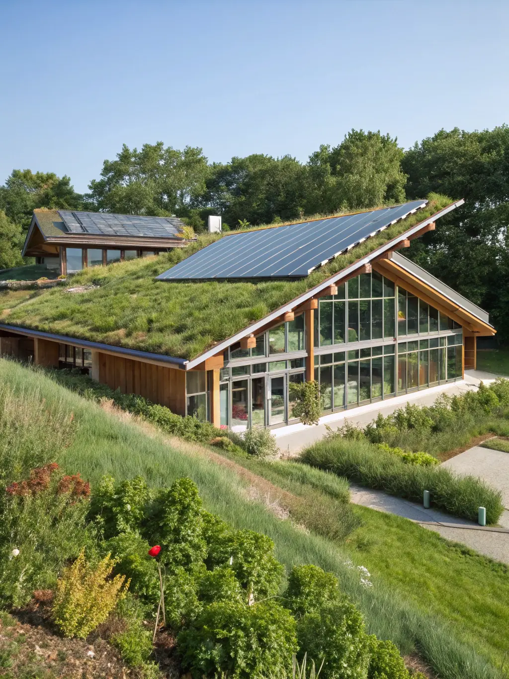 A completed commercial building with sustainable features, such as solar panels and green spaces, demonstrating long-term value.