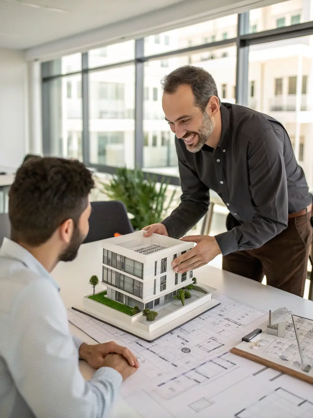 An architect presenting a 3D model of a building to a client in a modern office setting, highlighting innovative design.